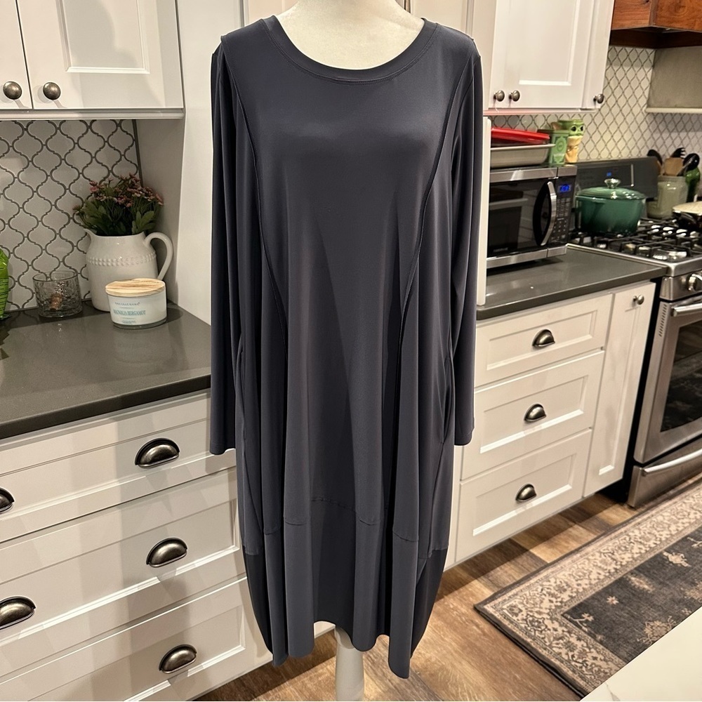 Comfy USA Gray Oversized Draped Pleated Stretchy Midi Dress Lagenlook Size L
